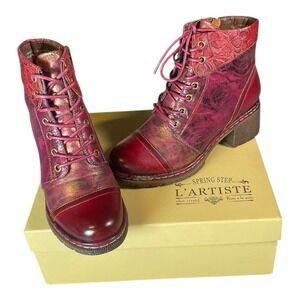 L'artiste Spring Step Bordeaux Leather Ankle Boots US Size 4.5-5